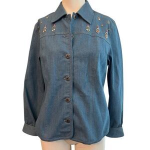 Ladies Small Jean Shirt Blue Beaded Embroidered Shacket Stretch Vtg Napa Valley